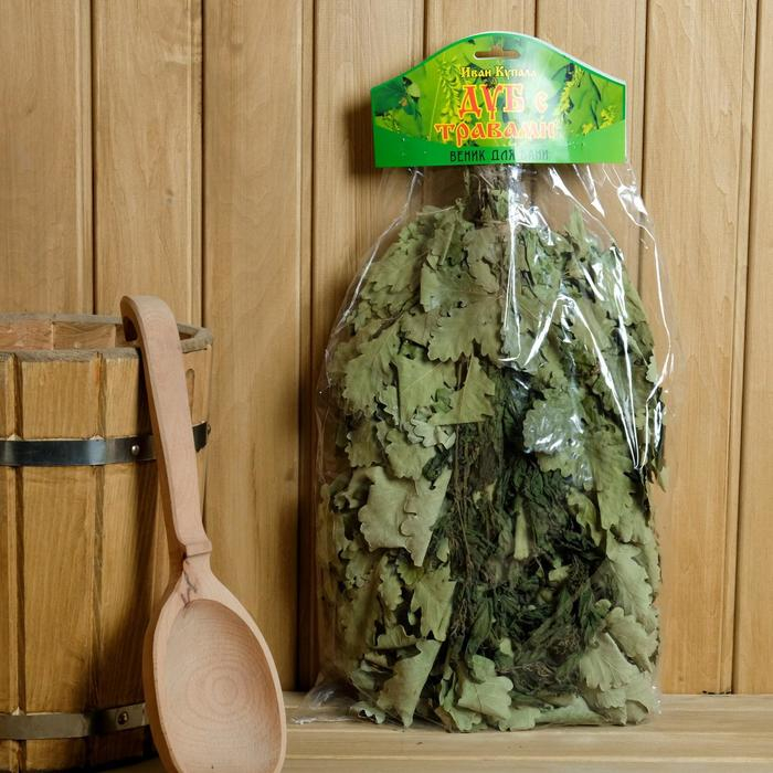 Веник для бани дубовый с крапивой, в индивидуальной упаковке Веник для бани дубовый с крапивой, в индивидуальной упаковке