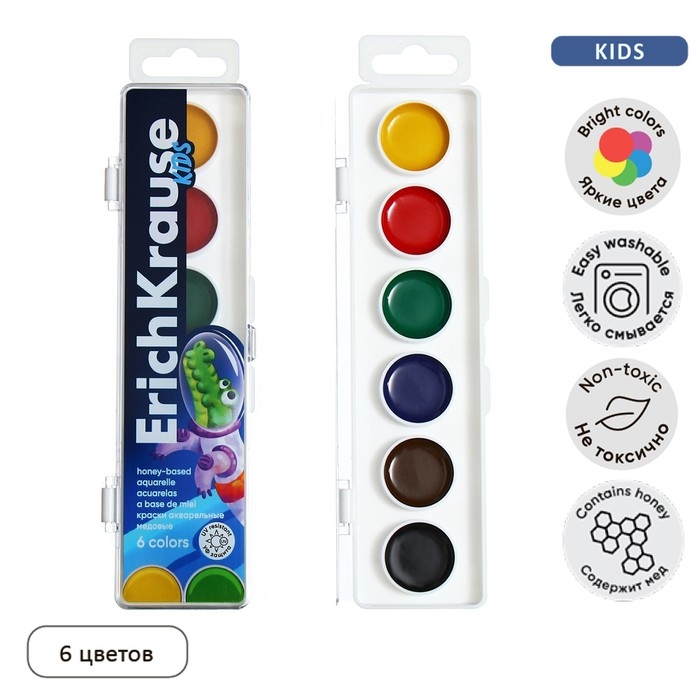 Акварель 6 цветов, ErichKrause Kids Space Animals, медовая, пластиковая коробка, европодвес Акварель 6 цветов, ErichKrause Kids Space Animals, медовая, пластиковая коробка, европодвес