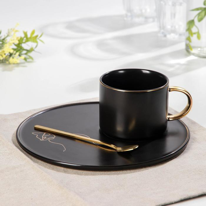 Чайная пара керамическая с ложкой &laquo;Силуэт&raquo;, 2 предмета: кружка 260 мл, тарелка d=19,6 см, рисунок МИКС