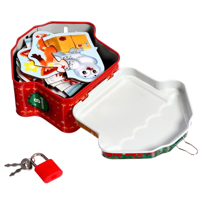 Макси-пазлы в металлической копилке с замочком &laquo;Подарки от Деда Мороза&raquo;, 10 пазлов, 35 деталей