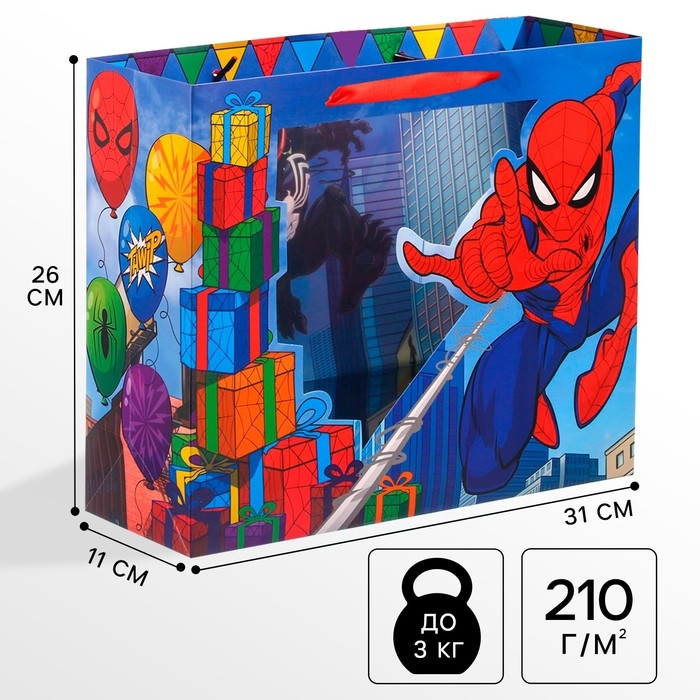 Пакет подарочный с пластиковым окном, 31 х 26 х 11 см, Человек Паук