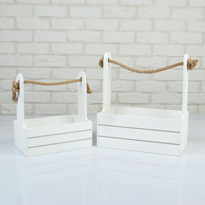 Набор кашпо деревянных 2 в 1 (25&times;15&times;30; 21&times;12&times;23 см) "Dear", ручка канат, белый