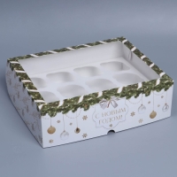 Коробка складная на 12 капкейков с окном &laquo;С Новым годом!&raquo; 32,8 х 25,6 х 10 см, Новый год