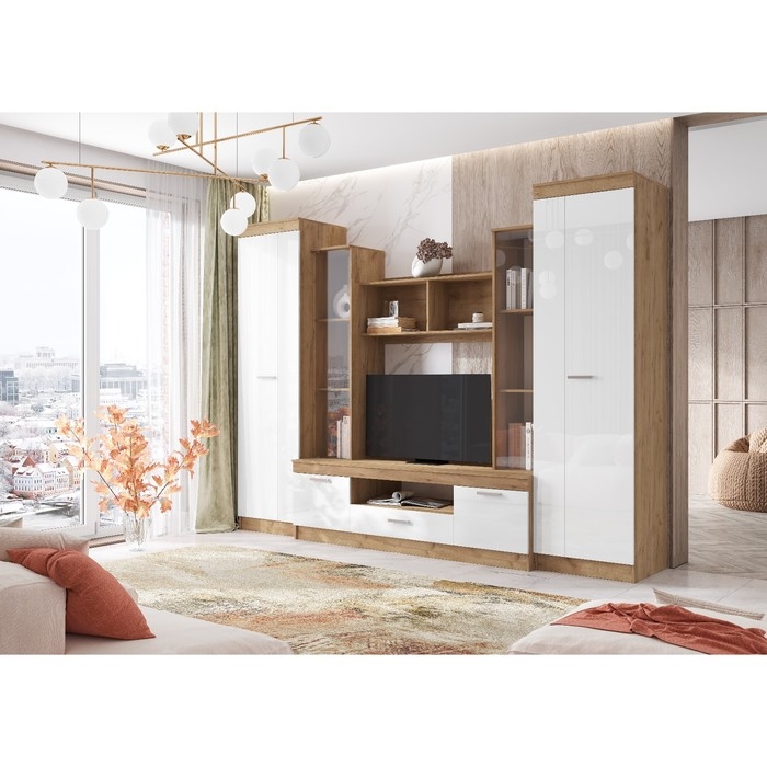 Гостиная Атлантида 6, 3000х594х2216, Дуб крафт/Белый глянец