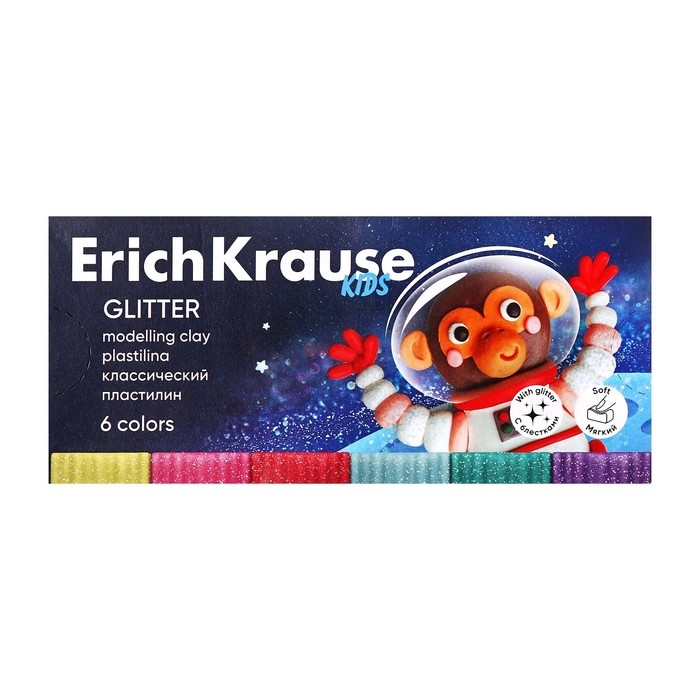 Пластилин 6 цветов, 108 г, ErichKrause Пластилин 6 цветов, 108 г, ErichKrause "Kids Space Animals Glitter", с блестками, со стеком, в картонной упаковке