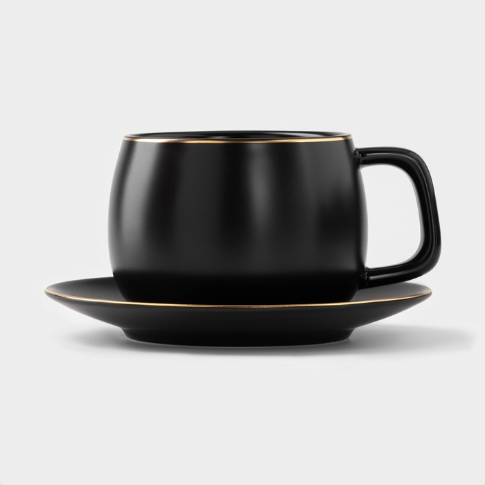 Чайная пара керамическая с ложкой «Мати», 2 предмета: чашка 280 мл, блюдце d=13,5 см, цвет чёрный Чайная пара керамическая с ложкой «Мати», 2 предмета: чашка 280 мл, блюдце d=13,5 см, цвет чёрный