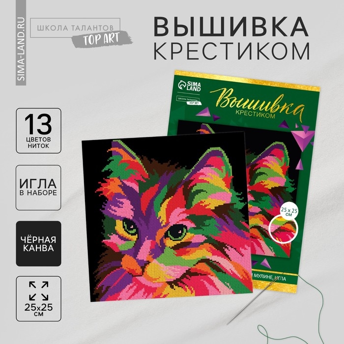 Вышивка крестиком на чёрной канве «Разноцветный кот», набор для творчества, 25 х 25 см Вышивка крестиком на чёрной канве «Разноцветный кот», набор для творчества, 25 х 25 см