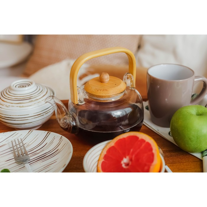 Чайник стеклянный заварочный с бамбуковой крышкой и металлическим фильтром &laquo;Эко. Бабл&raquo;, 800 мл, 18&times;13,5&times;12,5 см