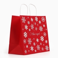 Пакет подарочный новогодний &laquo;Снежинки&raquo;, белый крафт, 32 х 28 х 15 см , Новый год