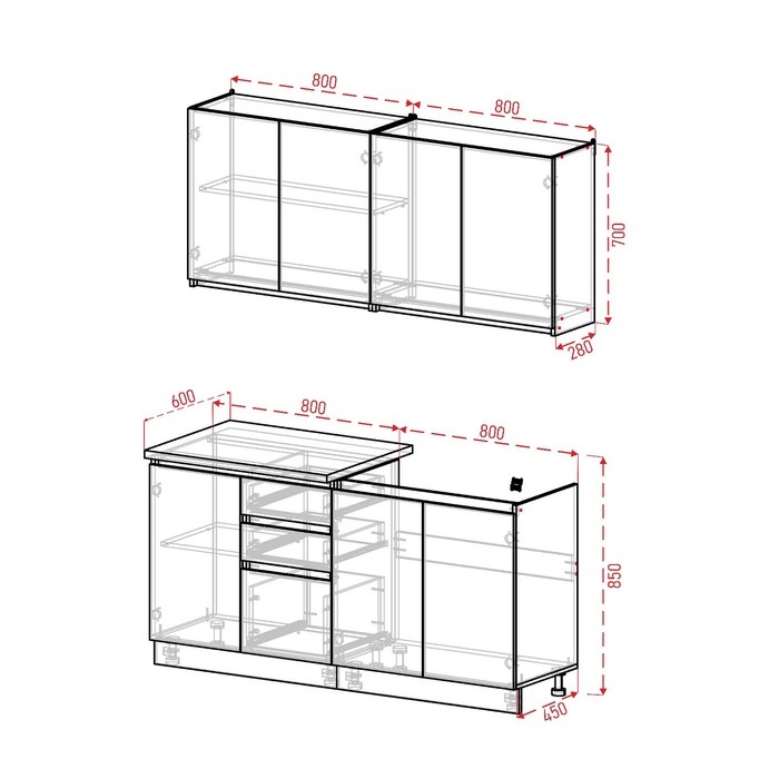 Кухонный гарнитур Стиль 1600, Белый/Белый Кухонный гарнитур Стиль 1600, Белый/Белый
