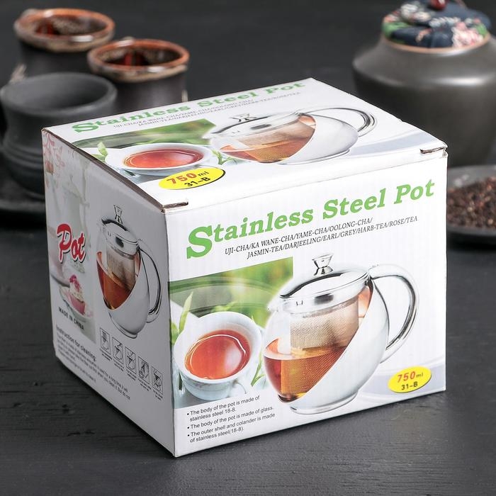 Чайник стеклянный заварочный с металлическим ситом &laquo;Металлик&raquo;, 750 мл