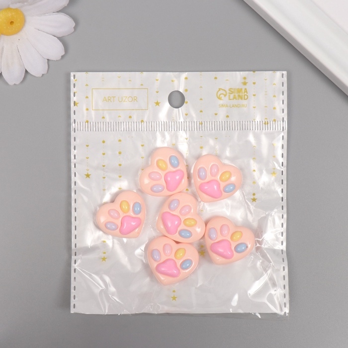 Декор для творчества пластик "Лапка в сердечке" набор 6 ш 2х2,5х0,8 см