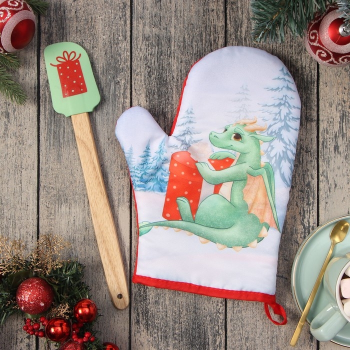 Новый год. Набор подарочный Доляна "Подарок" : варежка-прихватка, лопатка силикон