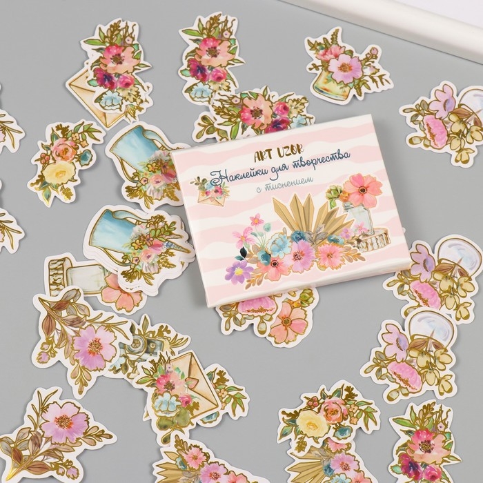 Наклейки для творчества Наклейки для творчества "Акварельные цветы" тиснение золото набор 48 шт 9х7х0,8 см
