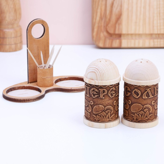 Набор для специй &laquo;Тиснёный&raquo;, с зубочистками, береста