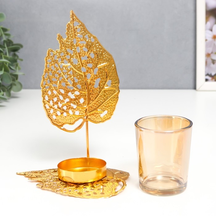 Подсвечник металл, стекло на 1 свечу Подсвечник металл, стекло на 1 свечу "Золотые листики" d-5 см 8х12х16,5 см
