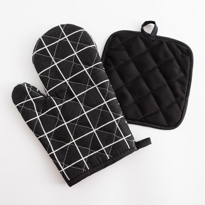 Кухонный набор Доляна &laquo;Клетка&raquo; цв.черный, прихватка 17*17 см, рукавица 26*16 см,100% п/э