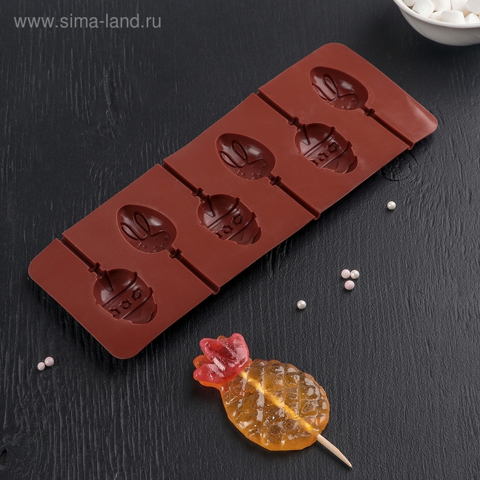 Форма для леденцов Доляна &laquo;Пасхальный кролик&raquo;, силикон, 26&times;10&times;1 см, 6 ячеек, с палочками, цвет коричневый