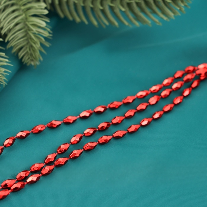 Бусы на ёлку 2 м d-3 мм "Овалы грани" красный