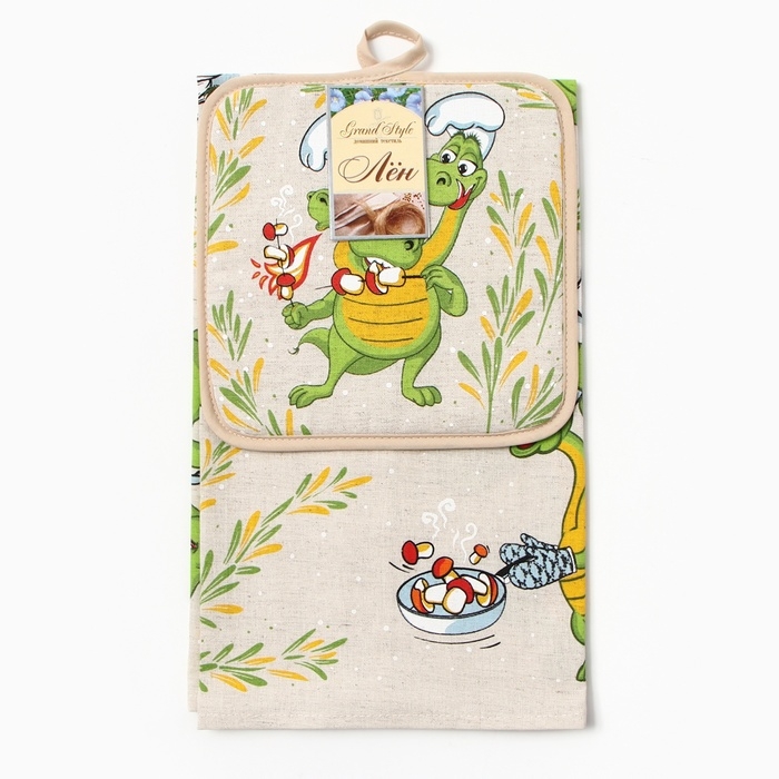 Кухонный набор "Змей Горыныч" (полот. 39х60 + прихв. 14х22см) 160г/м, лен50% хл50%