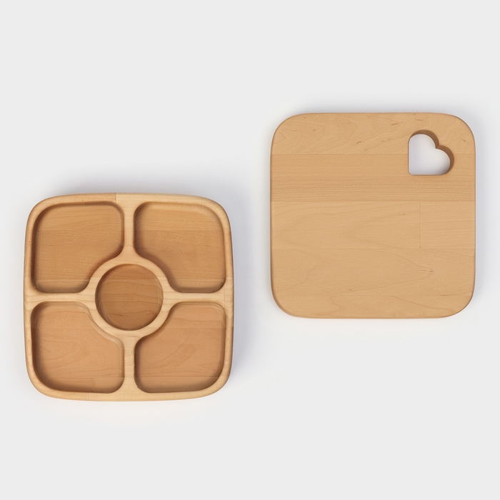 Подарочный набор деревянной посуды Adelica, доска сервировочная, менажница 5 секций, масло для пропитки в подарок 100 мл, берёза Подарочный набор деревянной посуды Adelica, доска сервировочная, менажница 5 секций, масло для пропитки в подарок 100 мл, берёза