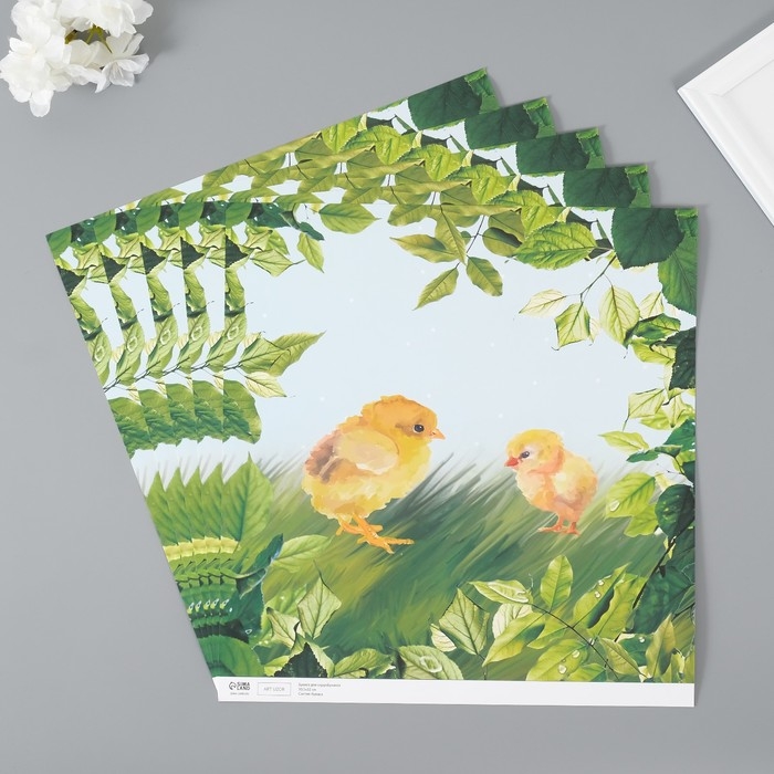 Бумага для скрапбукинга двусторонняя "Зайчики и цыплёнок" плотность 180 гр набор 5 шт 30,5х32 см   1