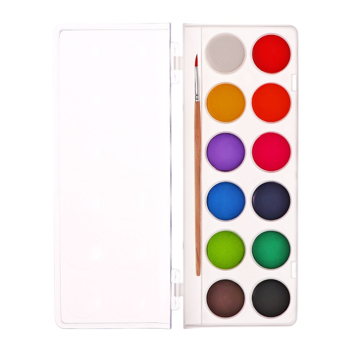 Краски акварельные 12 цветов, круглые, диаметр кюветы 28 мм, с кистью, пластиковый пенал, CALLIGRATA TOP Краски акварельные 12 цветов, круглые, диаметр кюветы 28 мм, с кистью, пластиковый пенал, CALLIGRATA TOP