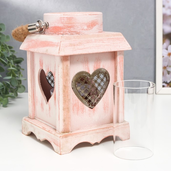 Подсвечник дерево на 1 свечу "Фонарик с сердцем" с ручкой 20х12х12 см