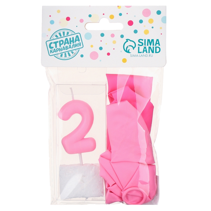 Свечи для торта + 5 шаров, цифра 2, розовая Свечи для торта + 5 шаров, цифра 2, розовая