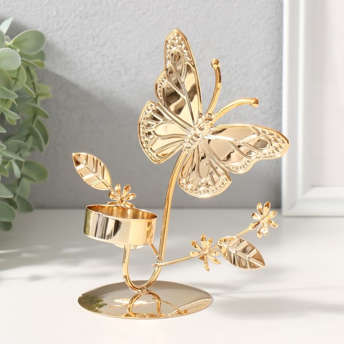 Подсвечник на 1 свечу металл d=4 см "Бабочки в поле" золото 7,7х14х16 см