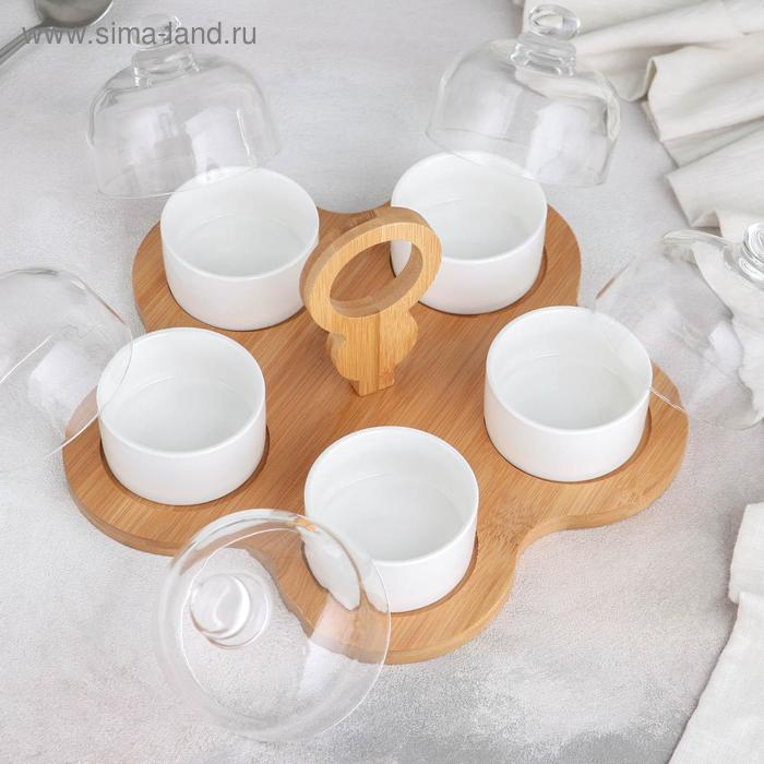 Набор соусников керамический на деревянной подставке &laquo;Эстет&raquo;, 5 предметов, цвет белый