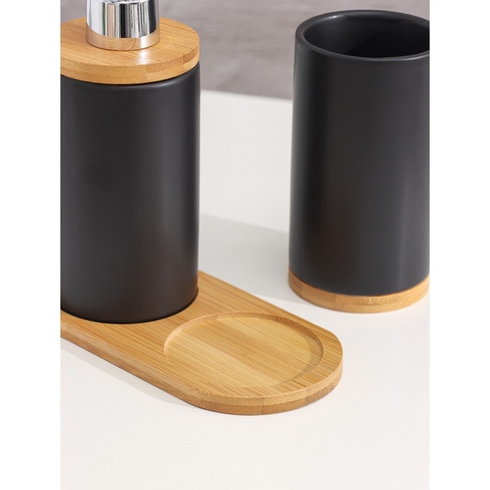 Набор аксессуаров для ванной комнаты SAVANNA &laquo;Натура&raquo;, 2 предмета (дозатор 400 мл, стакан, на подставке), цвет чёрный