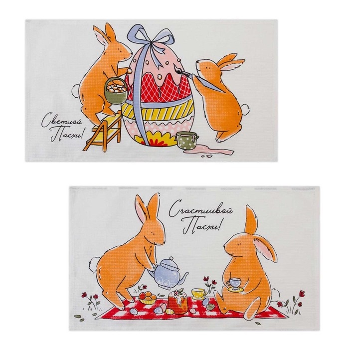 Набор кухонных полотенец Доляна &laquo;Пасхальные зайчики&raquo;, 35х60см-2 шт, 100% хл, вафля 160 г/м2