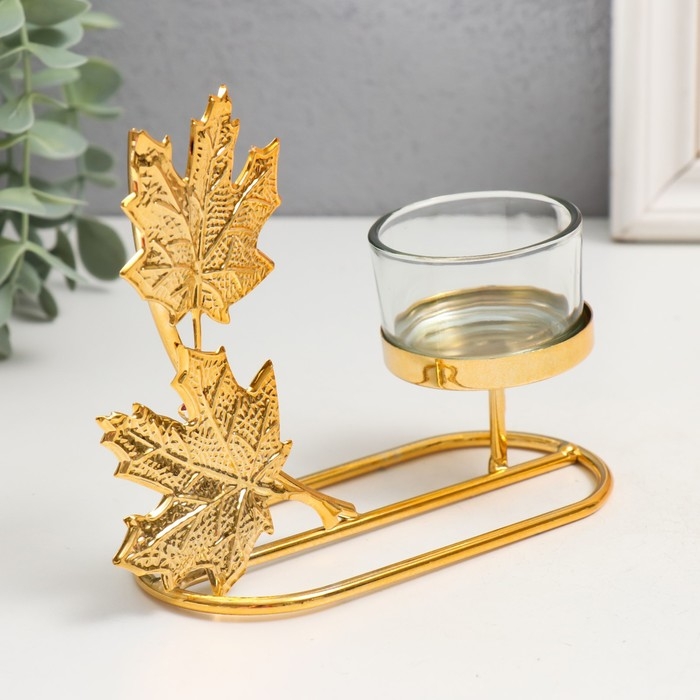 Подсвечник металл на 1 свечу "Кленовые листья" d=4,5 см золото 5,8х13х13 см