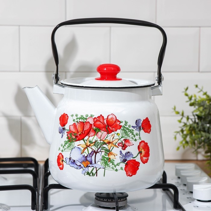 Чайник &laquo;Цветы красные&raquo;, 3,5 л, белый с кнопкой, индукция, цвет белый
