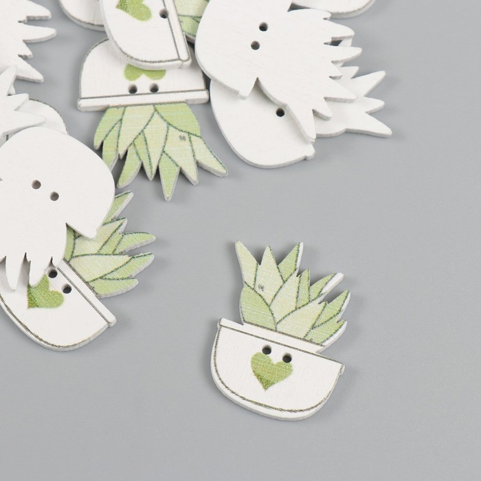 Пуговицы дерево для творчества 2 прокола "Суккулент в горшочке" набор 20 шт 1,8х2,5 см