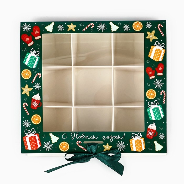 Коробка под 9 конфет с ячейками «С Новым годом!» 14.8 х 13.5 х 3.5 см, Новый год Коробка под 9 конфет с ячейками «С Новым годом!» 14.8 х 13.5 х 3.5 см, Новый год