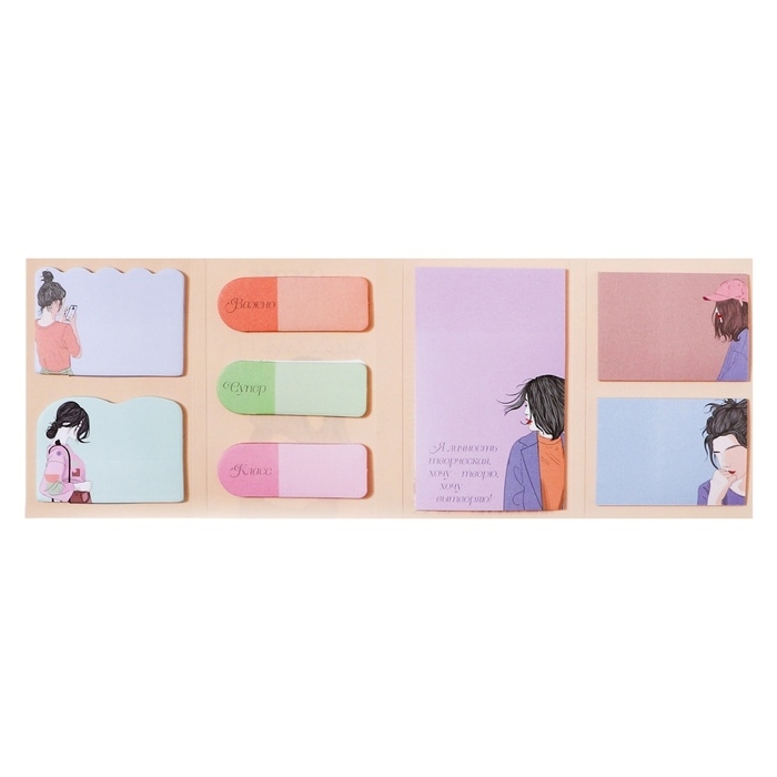 Набор клейкой бумаги для заметок deVENTE. 65x100 мм, набор заметок: 20x56 мм, 40x56 мм и 56x90 мм, 8x20 листов, офсет 80 г/м&sup2;, печать 4+0, ассорти форм, 8 дизайнов, в картонном блистере и пластиковом пакете с европодвесом