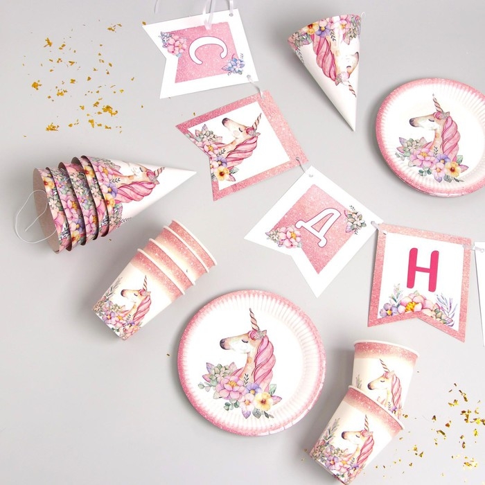 Набор бумажной посуды одноразовый Единорог с цветами&raquo;, 6 тарелок, 1 гирлянда, 6 стаканов, 6 колпаков