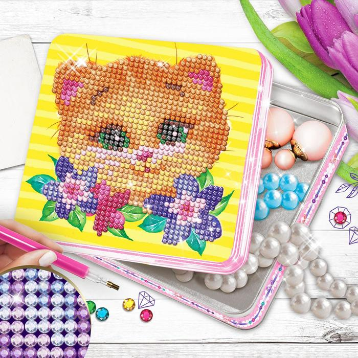 Алмазная мозаика с частичным заполнением на шкатулке &laquo;Котик&raquo;, 14 х 14 см