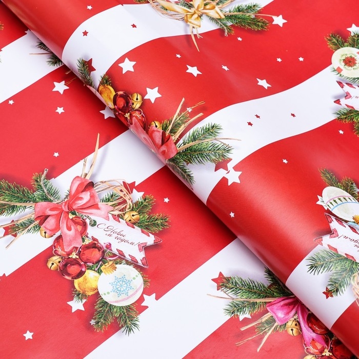 Новый год. Бумага упаковочная глянцевая "Бирки ", 70 х 100 см,1 лист,