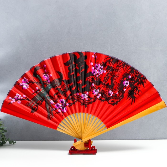 Веер бамбук, текстиль h=50 см Веер бамбук, текстиль h=50 см "Сакура с птицами" красный