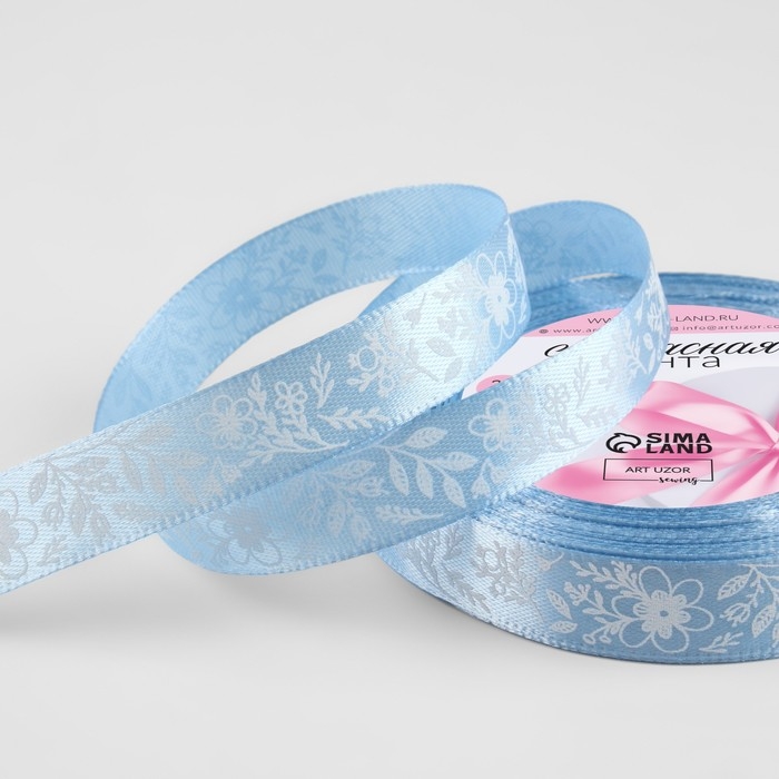 Лента атласная &laquo;Цветочки&raquo;, 15 мм &times; 23 &plusmn; 1 м, цвет голубой №187