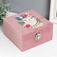 Шкатулка дерево "Лама в цветах" бархат розовый 10х16х16 см