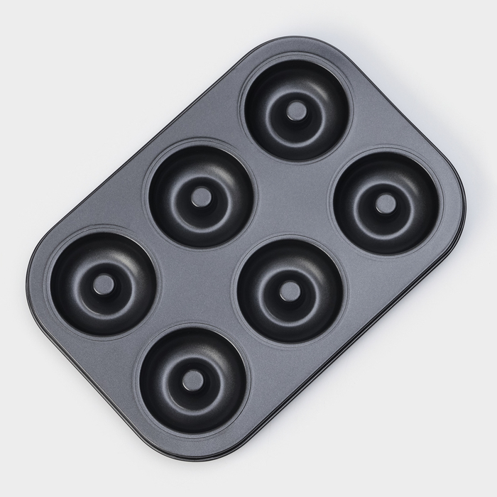 Форма для выпечки Доляна «Пончики», 26,5×17 см, 6 ячеек, антипригарное покрытие, цвет чёрный Форма для выпечки Доляна «Пончики», 26,5×17 см, 6 ячеек, антипригарное покрытие, цвет чёрный
