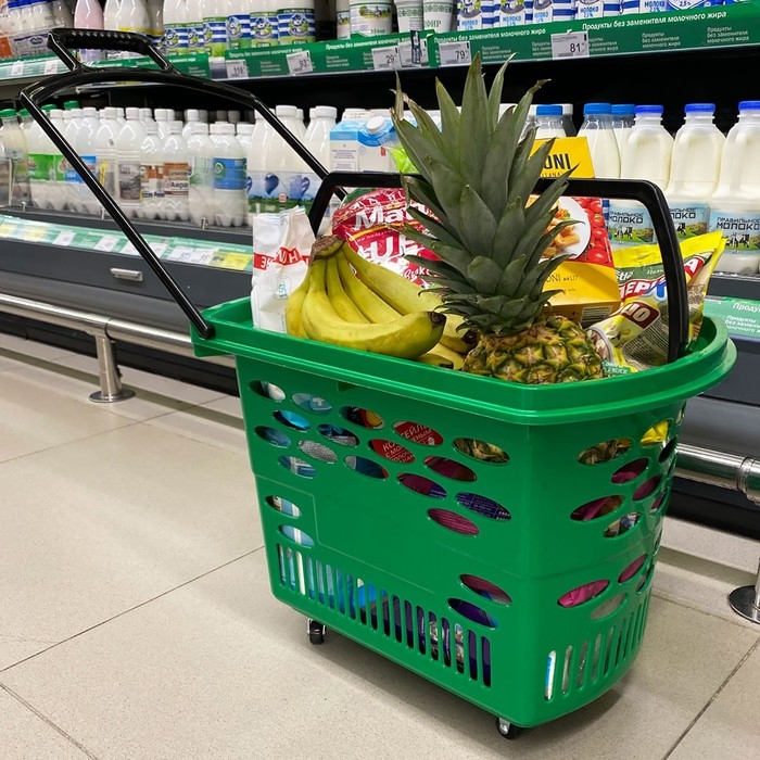 Корзина-тележка на 4 колесах пластиковая, 38 л, с 2 пластиковыми ручками, цвет зелёный