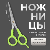 Ножницы парикмахерские с упором, лезвие — 7 см, цвет салатовый/серебристый Ножницы парикмахерские с упором, лезвие — 7 см, цвет салатовый/серебристый