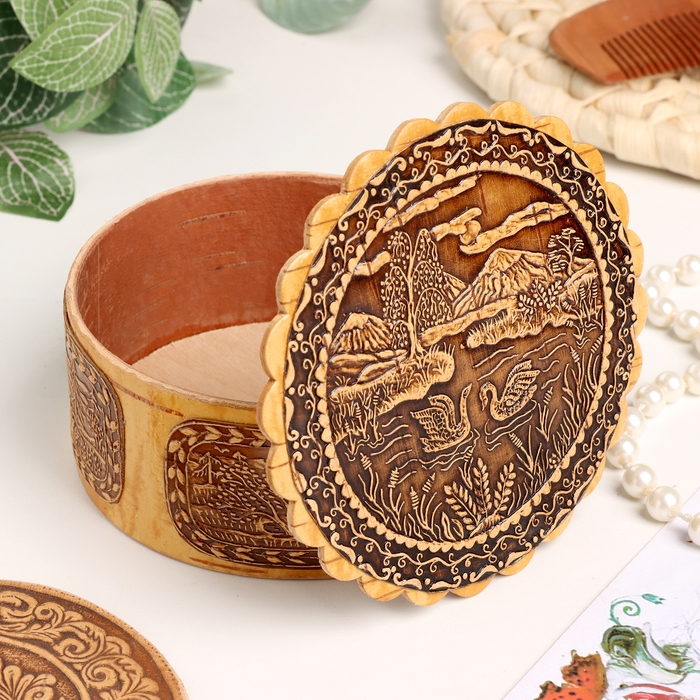 Шкатулка "Лебеди", 100 х 40 мм, береста