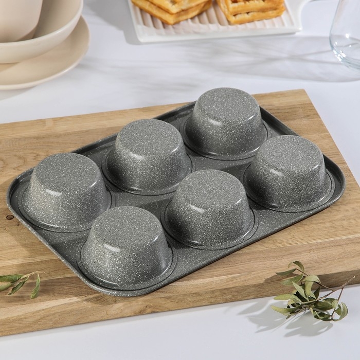 Форма для выпечки &laquo;Элин Мрамор. Кекс&raquo;, 31,5&times;21,5&times;3,7 см, 6 ячеек, антипригарное покрытие, цвет серый