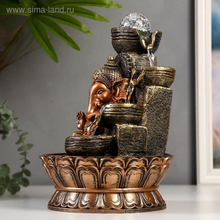 Фонтан настольный от сети, подсветка "Ганеша у водопада с чашами" 28х19,5х19,5 см